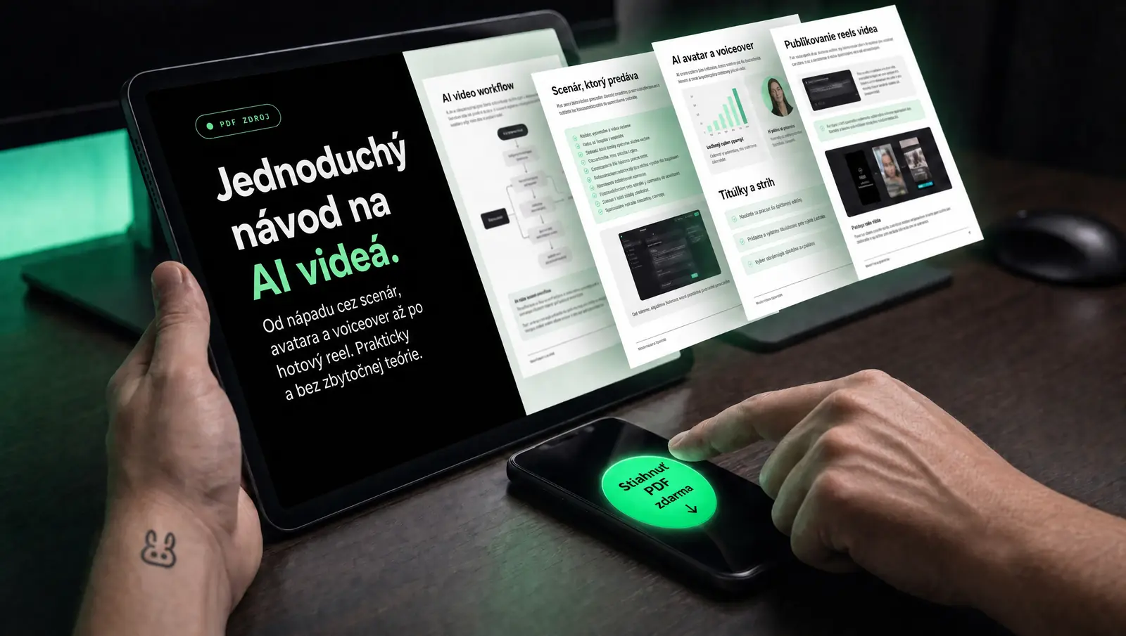 Náhľad PDF zdarma o AI videách s tabletom, telefónom a oboma rukami