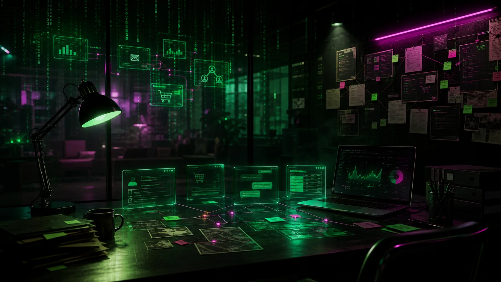 Neónová AI miestnosť s dôkazmi a matrix dátami
